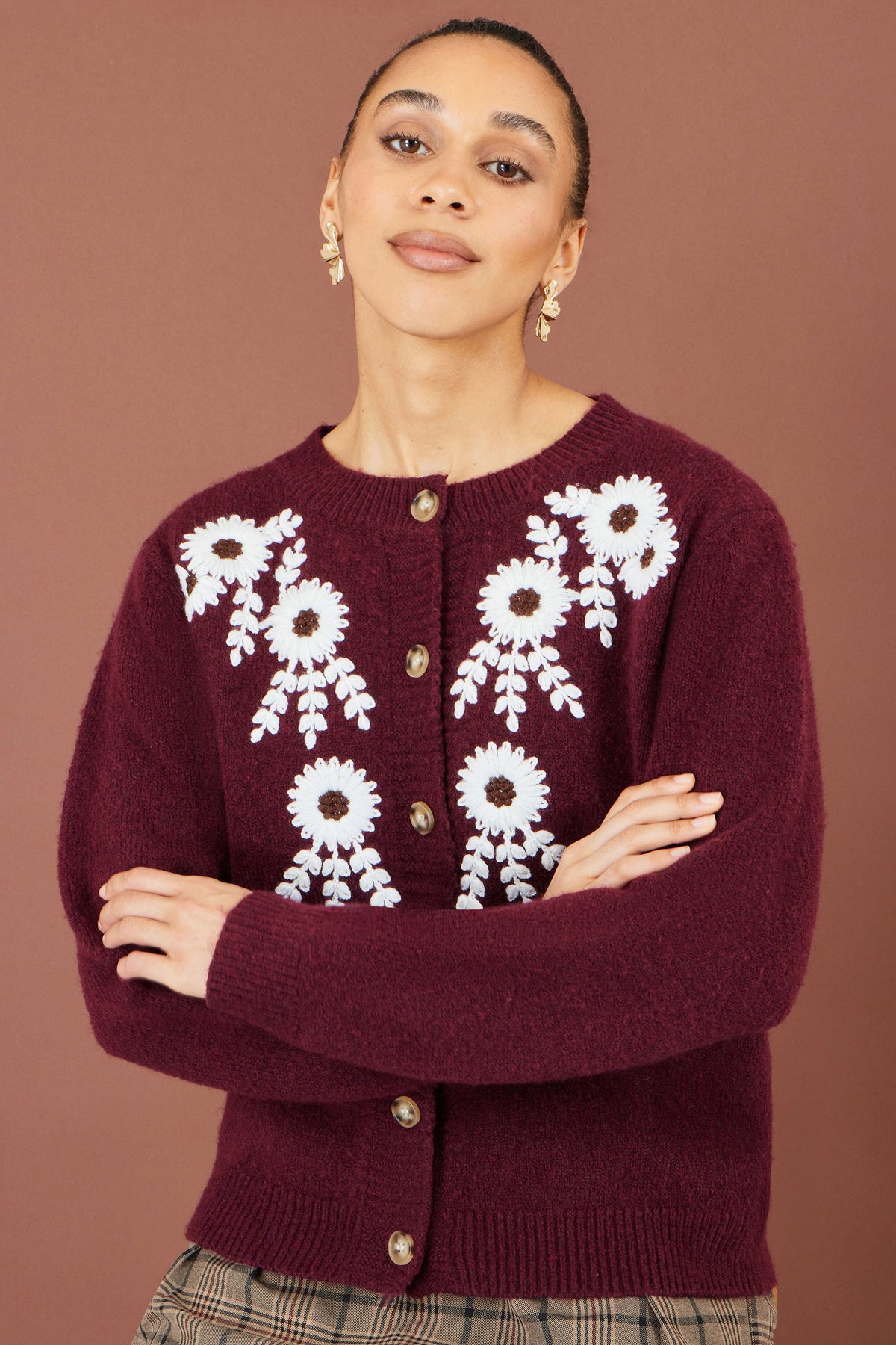Yumi Women’s Burgundy Floral Embroidered Fluffy Knit Cardigan