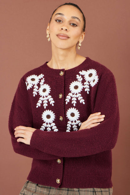 Yumi Women’s Burgundy Floral Embroidered Fluffy Knit Cardigan