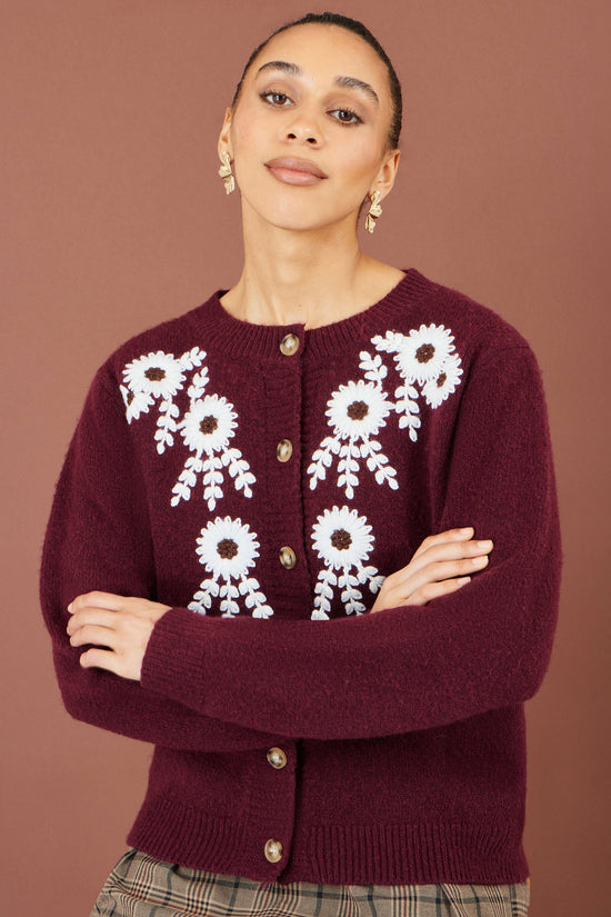 Yumi Women’s Burgundy Floral Embroidered Fluffy Knit Cardigan