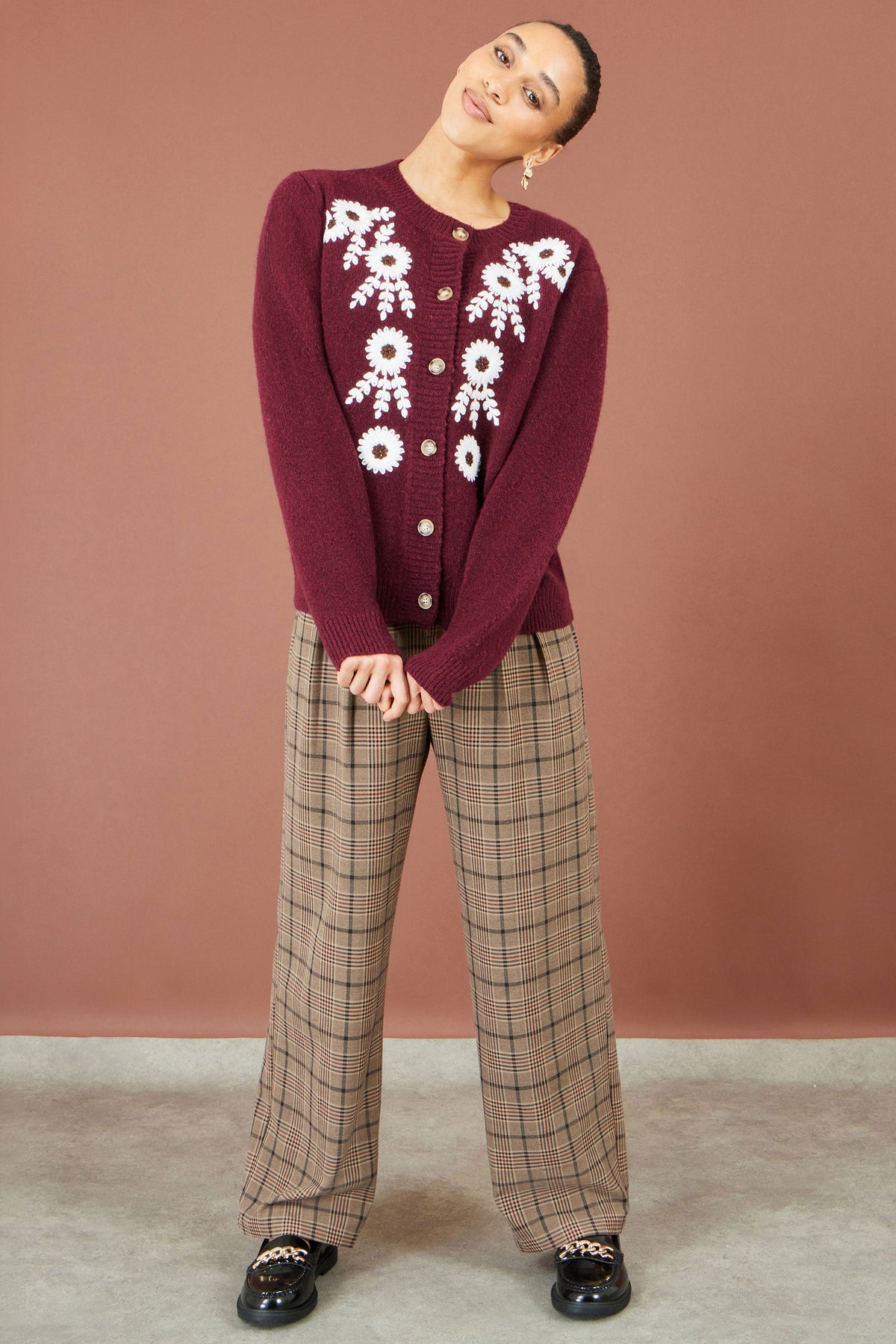 Yumi Women’s Burgundy Floral Embroidered Fluffy Knit Cardigan