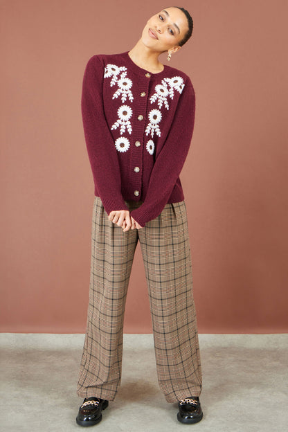 Yumi Women’s Burgundy Floral Embroidered Fluffy Knit Cardigan