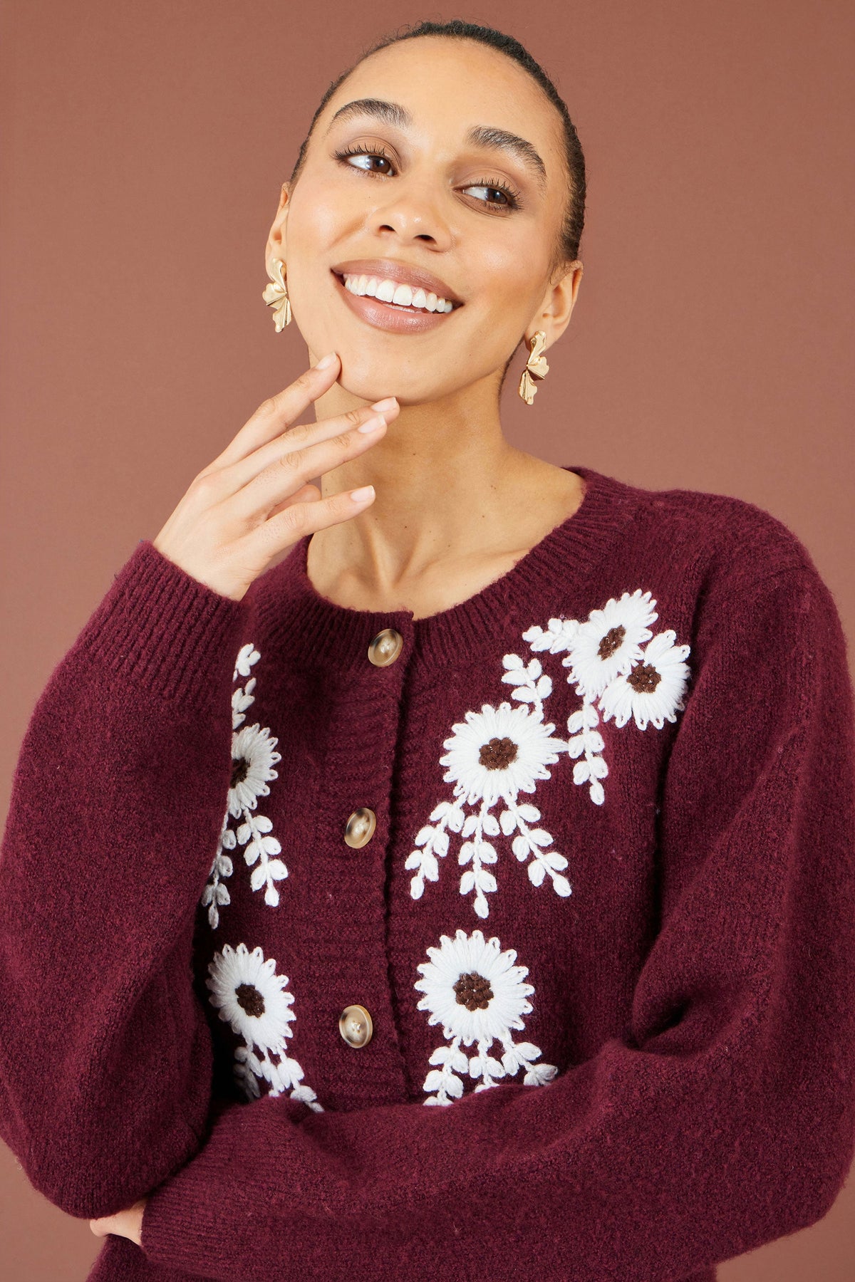 Yumi Women’s Burgundy Floral Embroidered Fluffy Knit Cardigan