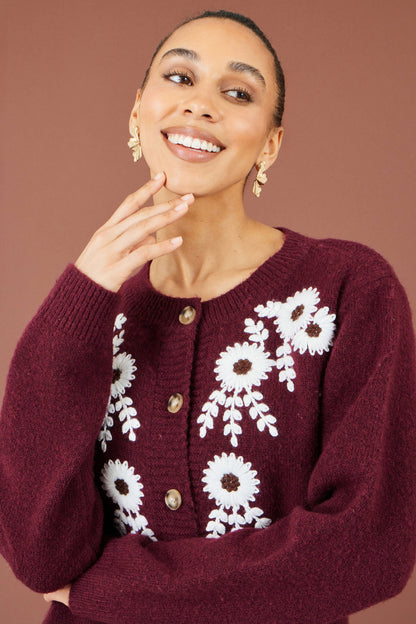 Yumi Women’s Burgundy Floral Embroidered Fluffy Knit Cardigan