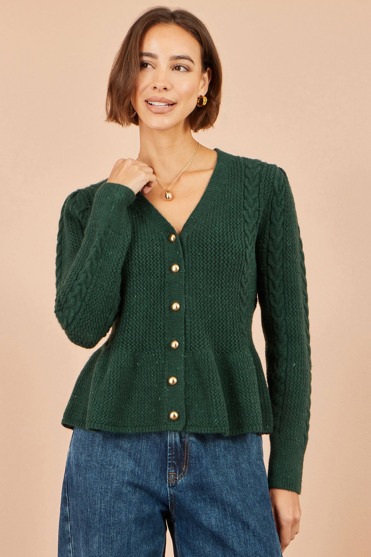 Yumi Womens Green Peplum Cardigan, Cable Knit Sleeves and Gold-Tone Buttons