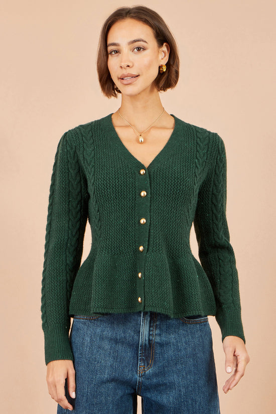 Yumi Womens Green Peplum Cardigan, Cable Knit Sleeves and Gold-Tone Buttons