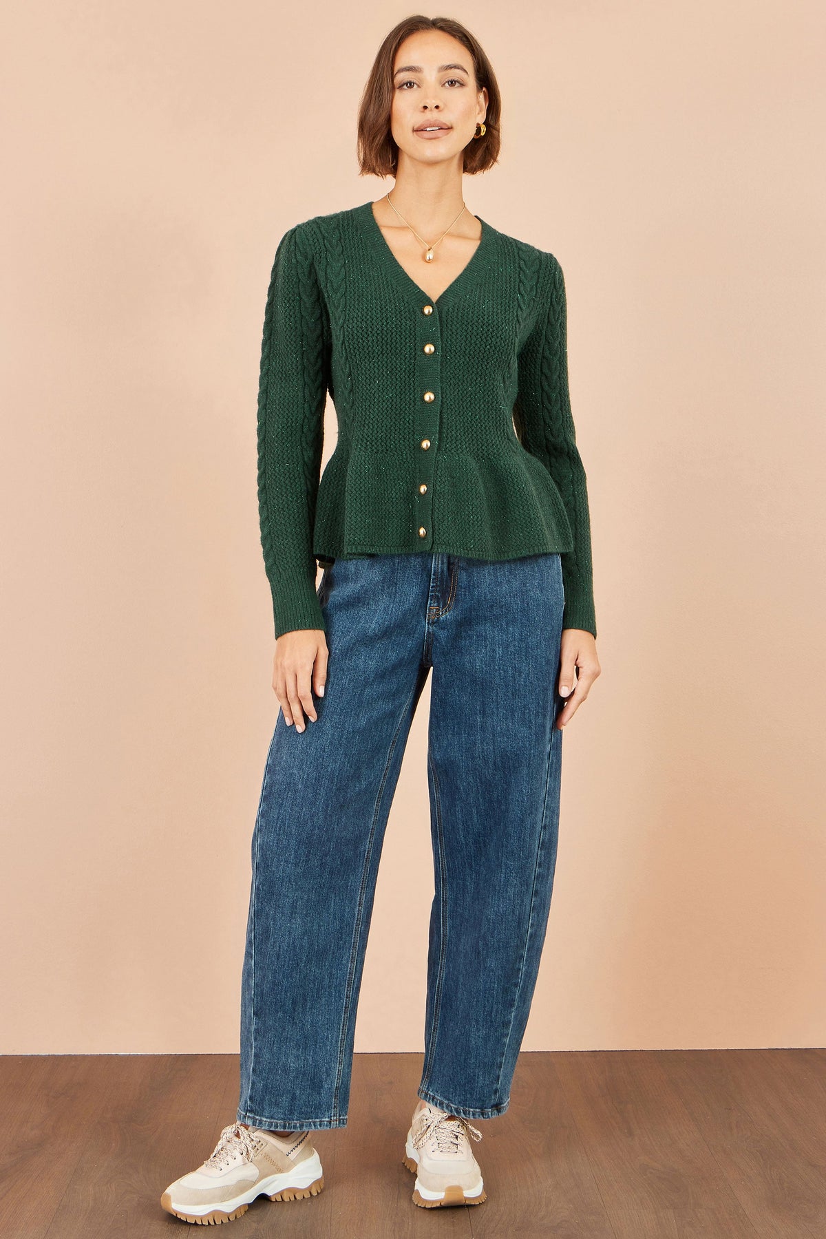 Yumi Womens Green Peplum Cardigan, Cable Knit Sleeves and Gold-Tone Buttons