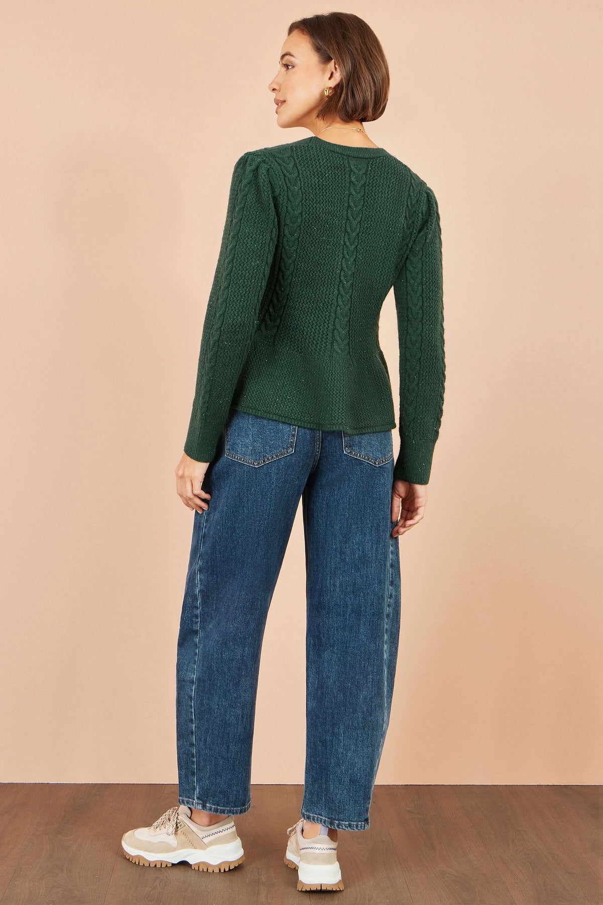 Yumi Womens Green Peplum Cardigan, Cable Knit Sleeves and Gold-Tone Buttons