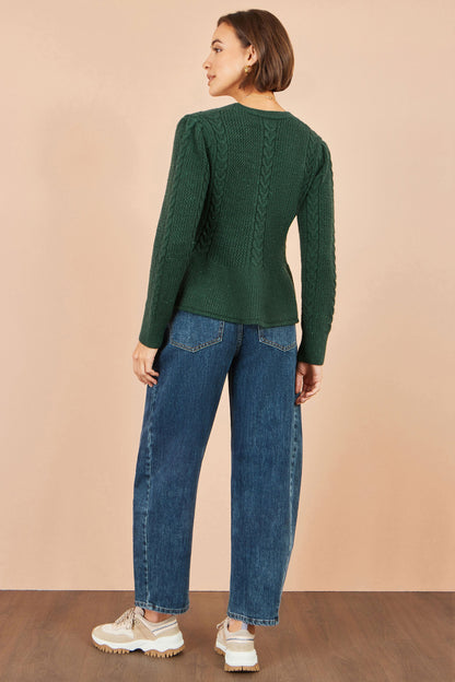 Yumi Womens Green Peplum Cardigan, Cable Knit Sleeves and Gold-Tone Buttons