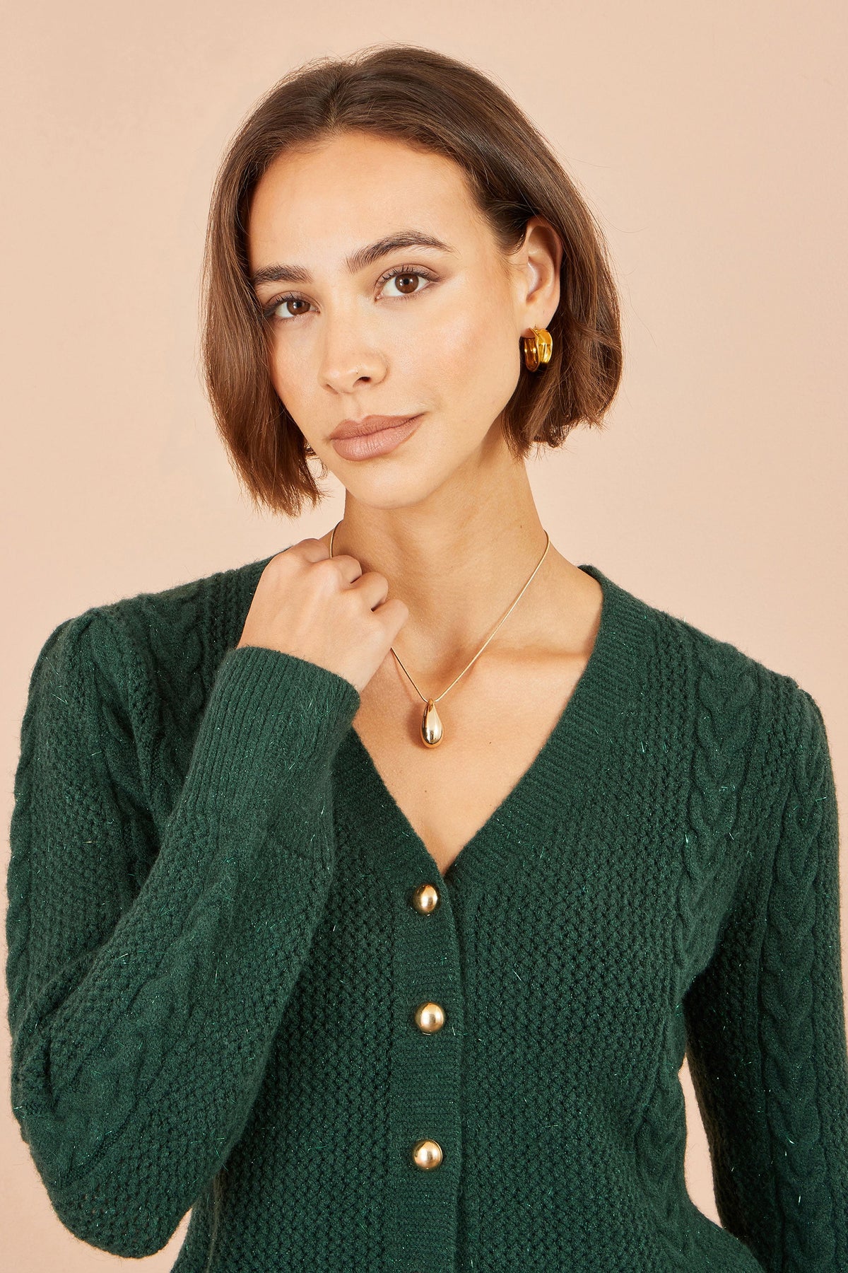 Yumi Womens Green Peplum Cardigan, Cable Knit Sleeves and Gold-Tone Buttons