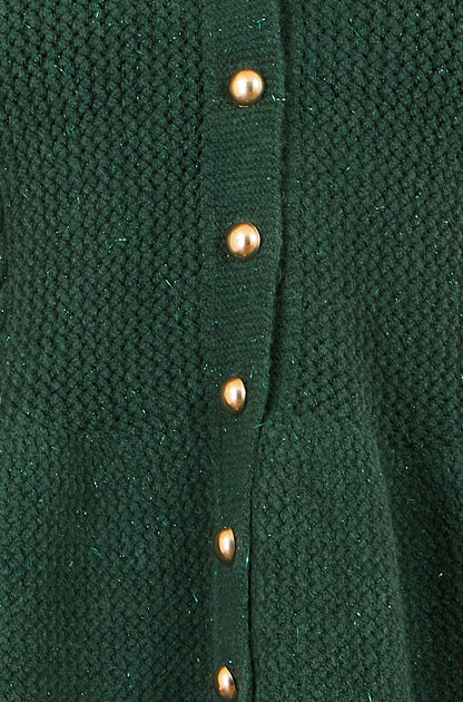Yumi Womens Green Peplum Cardigan, Cable Knit Sleeves and Gold-Tone Buttons