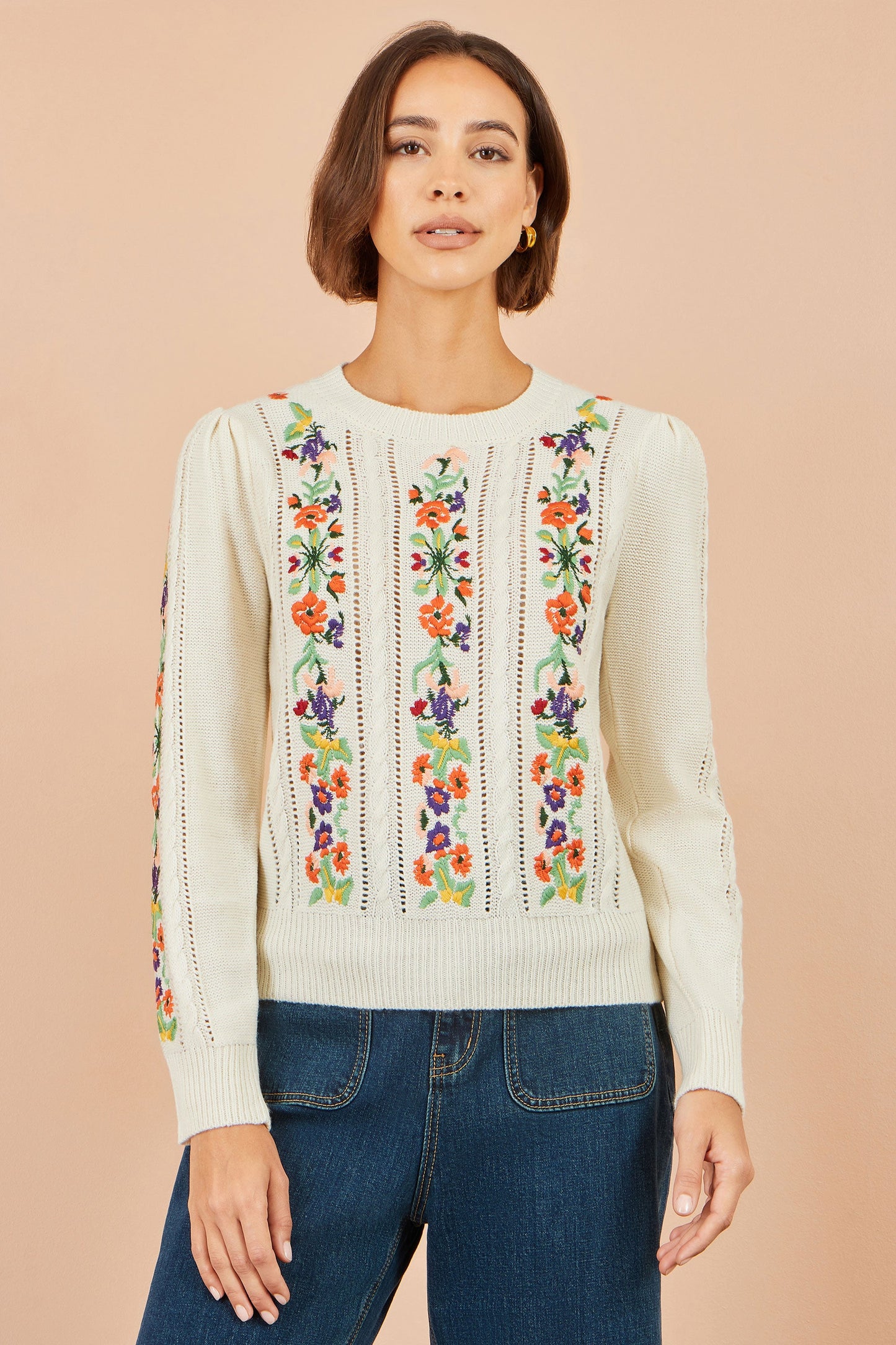Yumi Women's Ivory Floral Embroidered Pointelle Puff Sleeve Knit Jumper Sizes S–XL