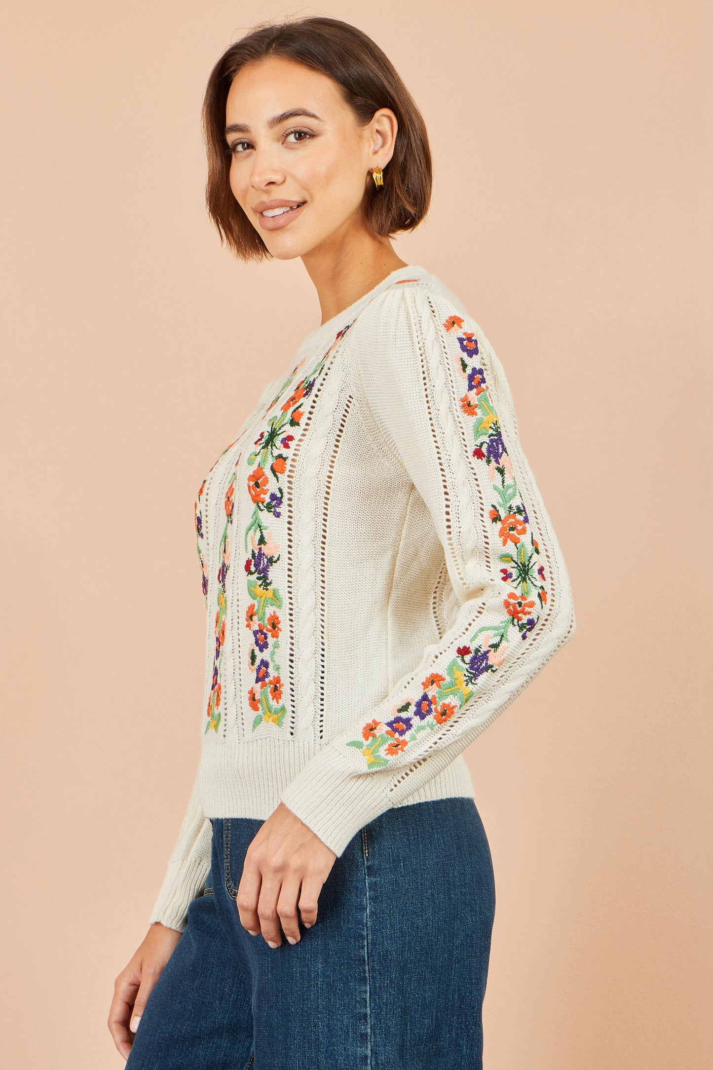 Yumi Women's Ivory Floral Embroidered Pointelle Puff Sleeve Knit Jumper Sizes S–XL