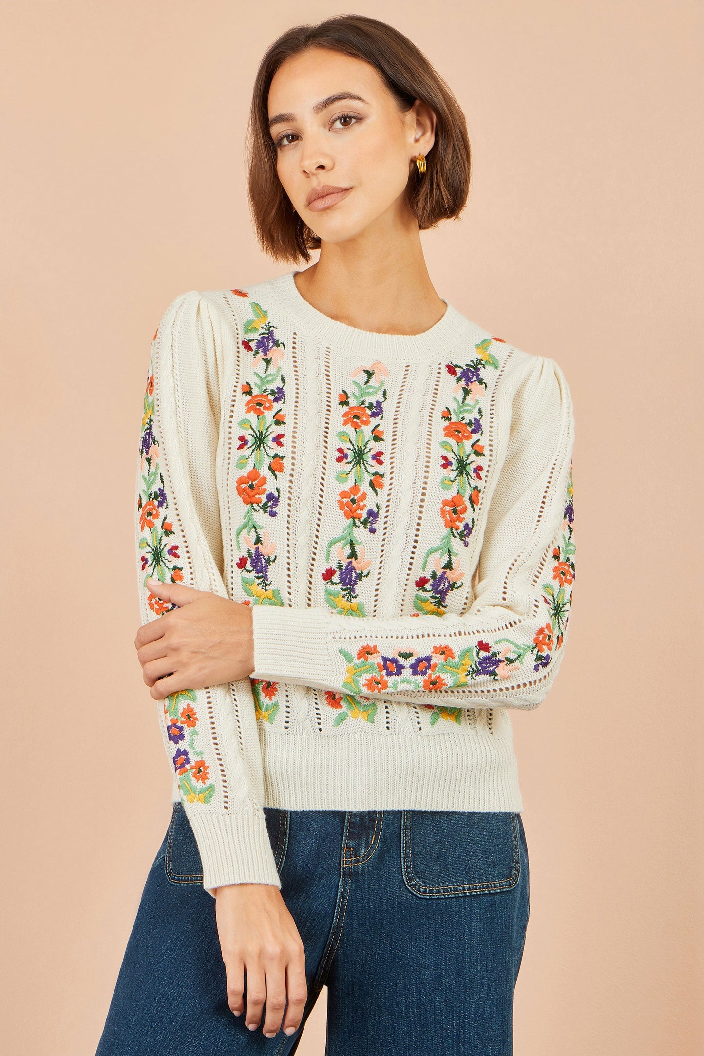 Yumi Women's Ivory Floral Embroidered Pointelle Puff Sleeve Knit Jumper Sizes S–XL