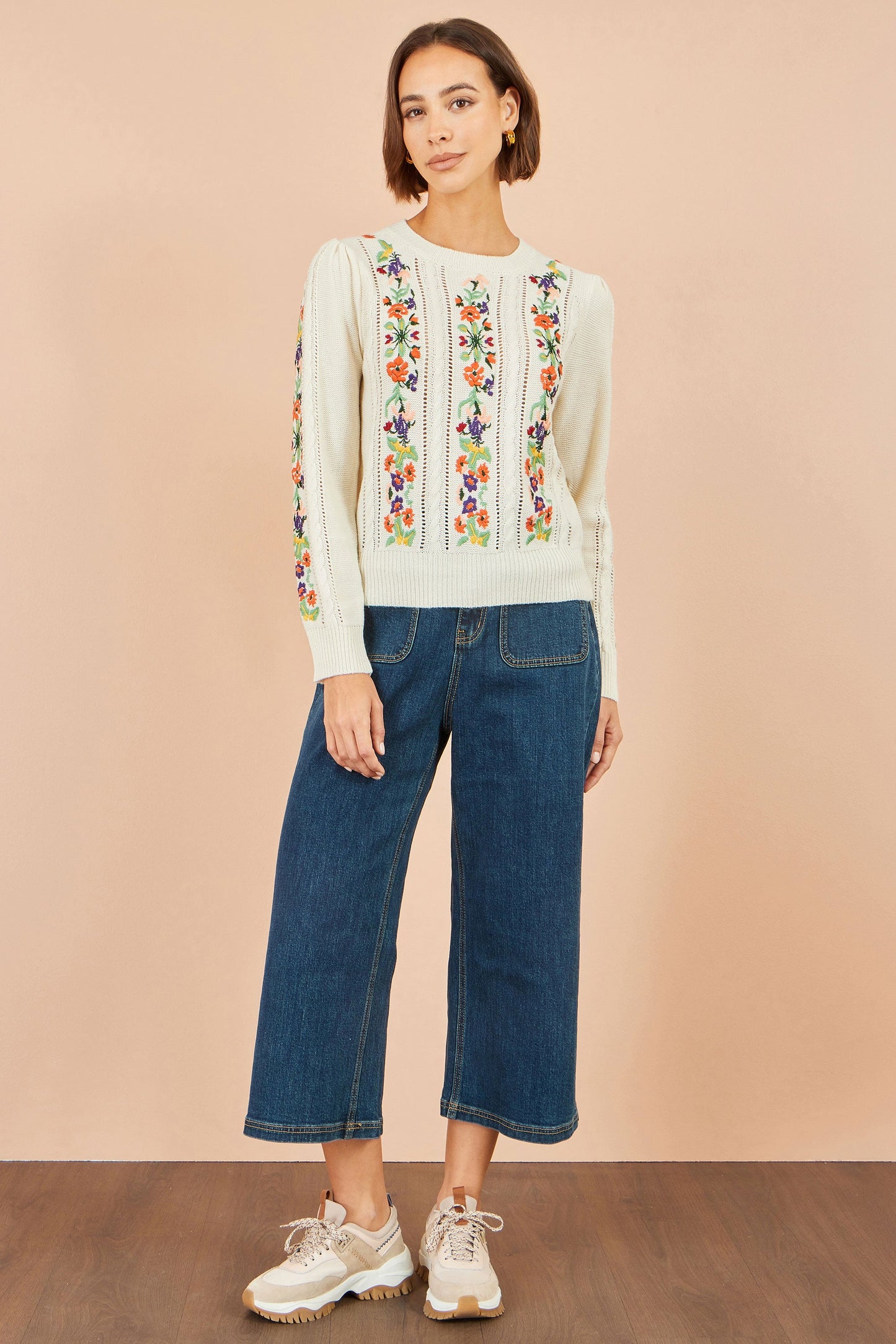 Yumi Women's Ivory Floral Embroidered Pointelle Puff Sleeve Knit Jumper Sizes S–XL
