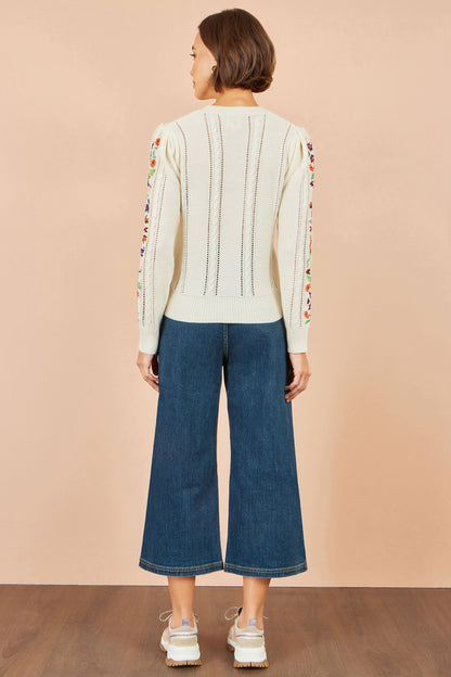 Yumi Women's Ivory Floral Embroidered Pointelle Puff Sleeve Knit Jumper Sizes S–XL