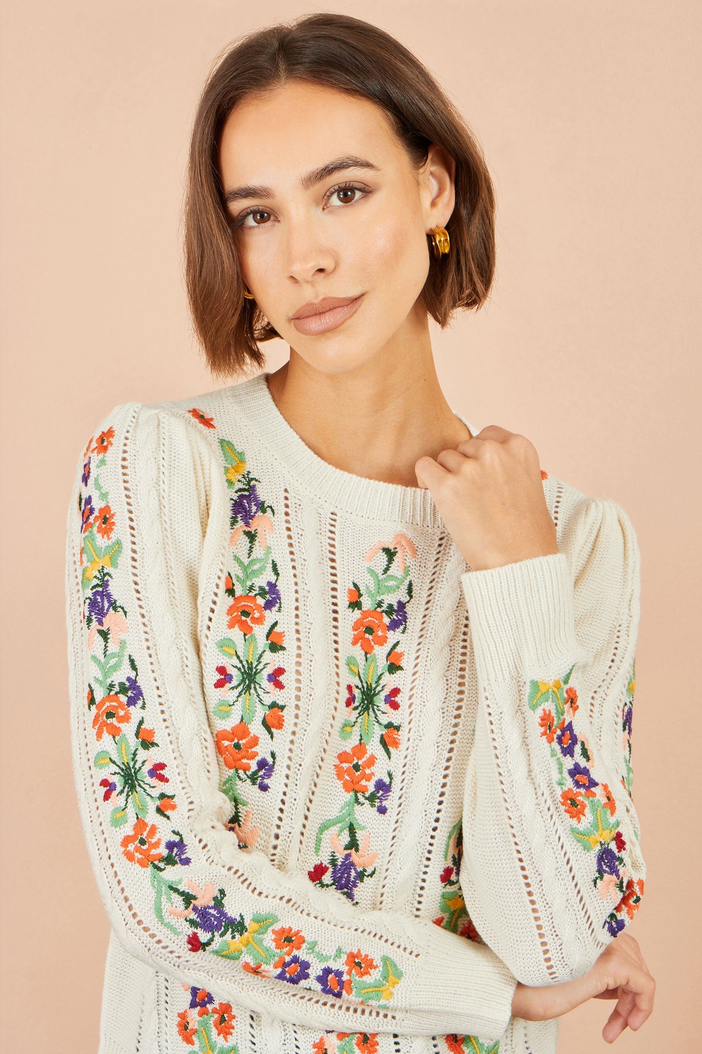 Yumi Women's Ivory Floral Embroidered Pointelle Puff Sleeve Knit Jumper Sizes S–XL