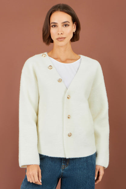 Yumi Women's Ivory Eyelash Knit Jacket with Detachable Scarf and Tassels