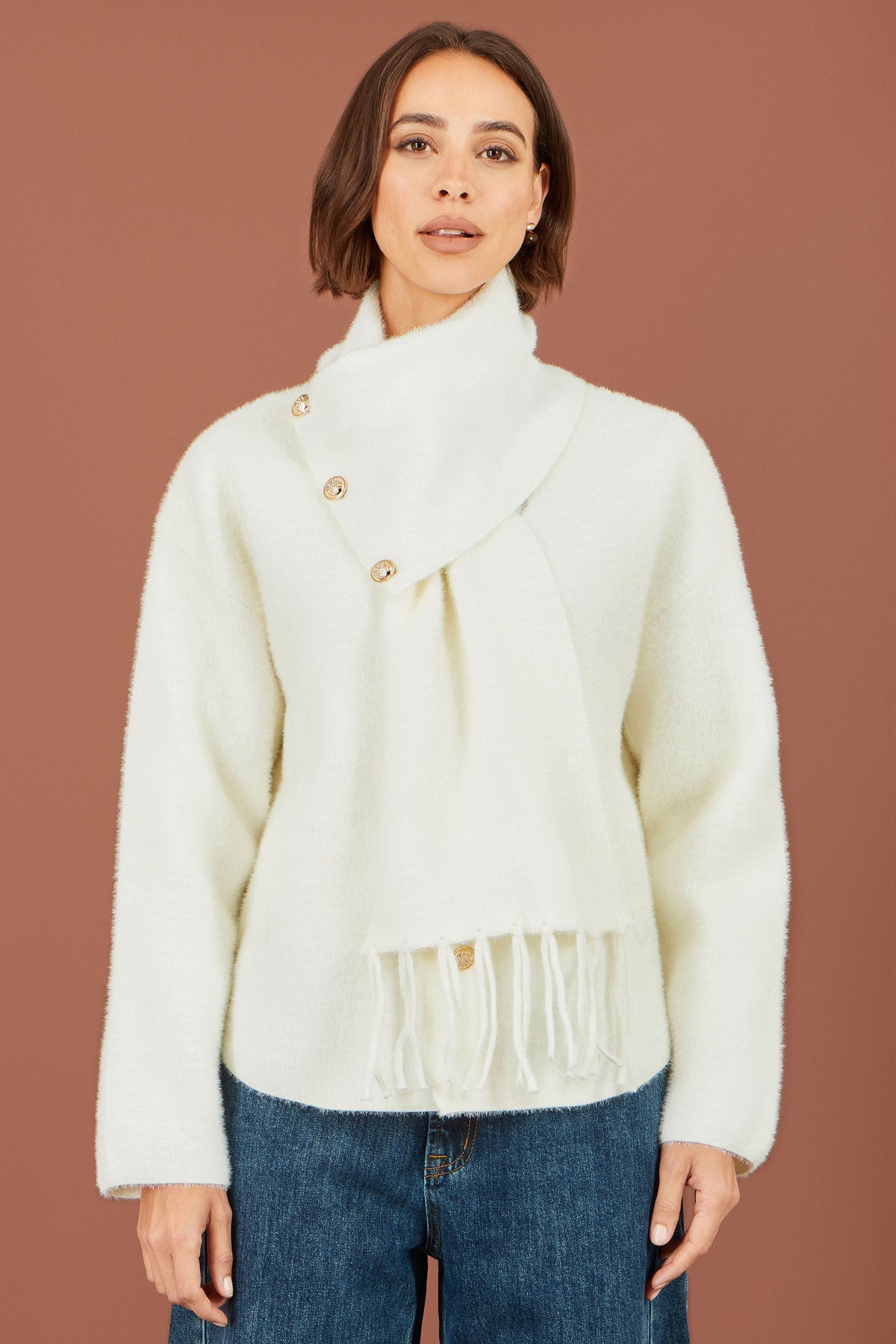 Yumi Women's Ivory Eyelash Knit Jacket with Detachable Scarf and Tassels