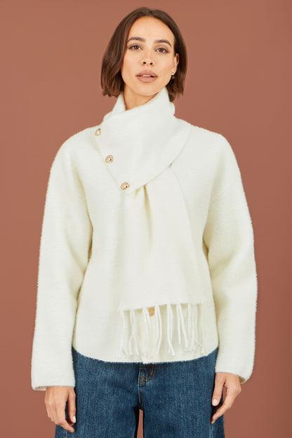 Yumi Women's Ivory Eyelash Knit Jacket with Detachable Scarf and Tassels