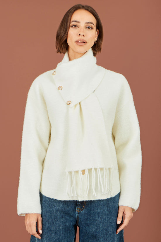 Yumi Women's Ivory Eyelash Knit Jacket with Detachable Scarf and Tassels
