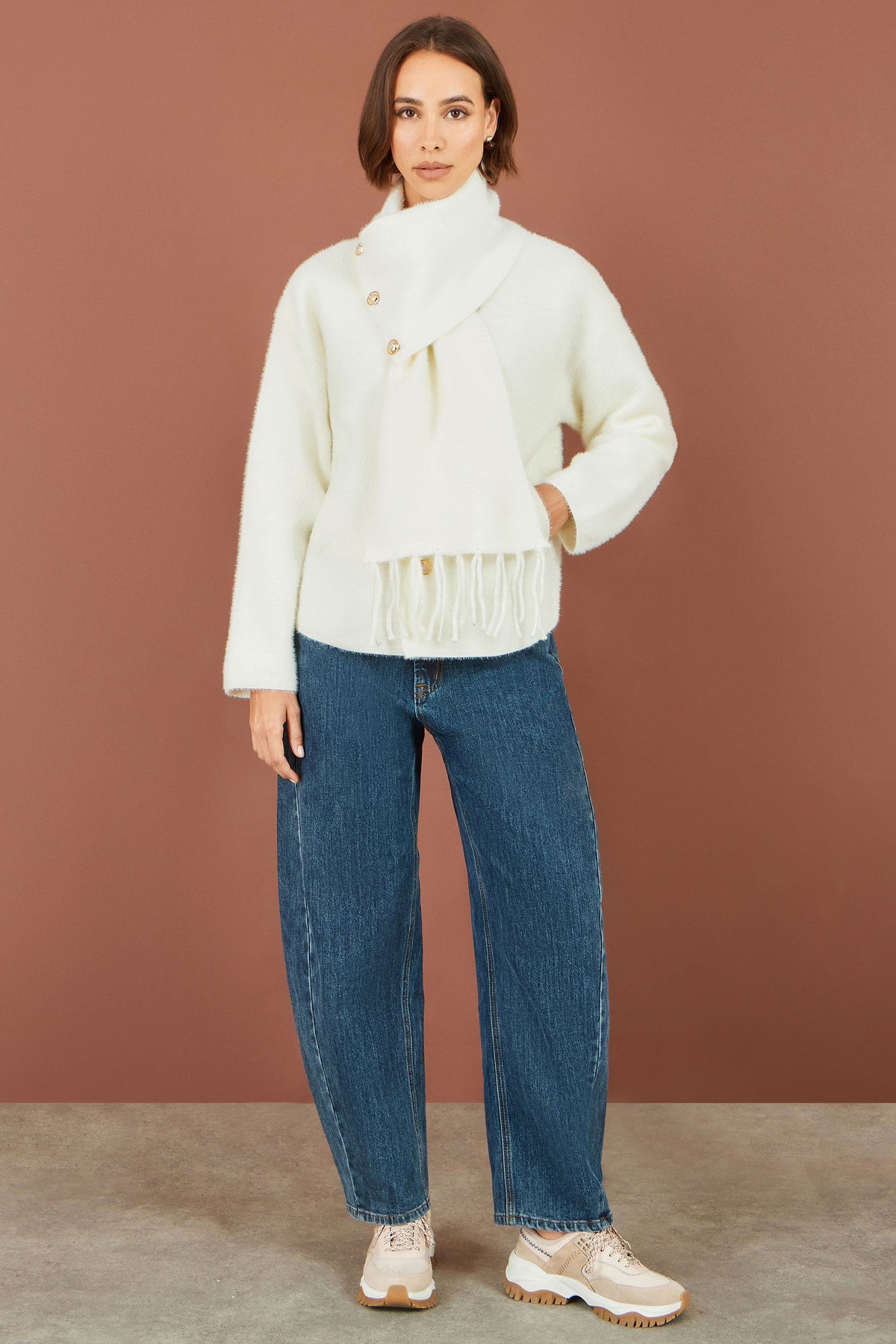 Yumi Women's Ivory Eyelash Knit Jacket with Detachable Scarf and Tassels