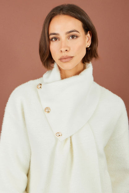 Yumi Women's Ivory Eyelash Knit Jacket with Detachable Scarf and Tassels