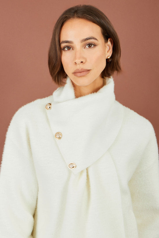 Yumi Women's Ivory Eyelash Knit Jacket with Detachable Scarf and Tassels