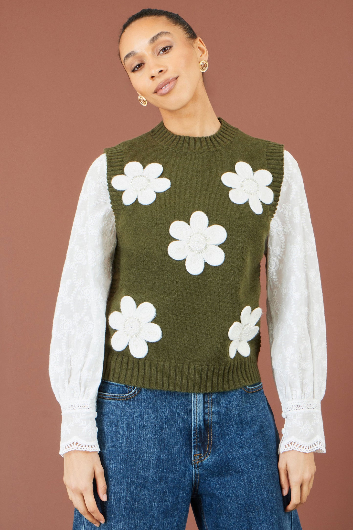 Yumi Women's Green Flower Appliqué Beaded Knit Tank Vest Sizes S–L