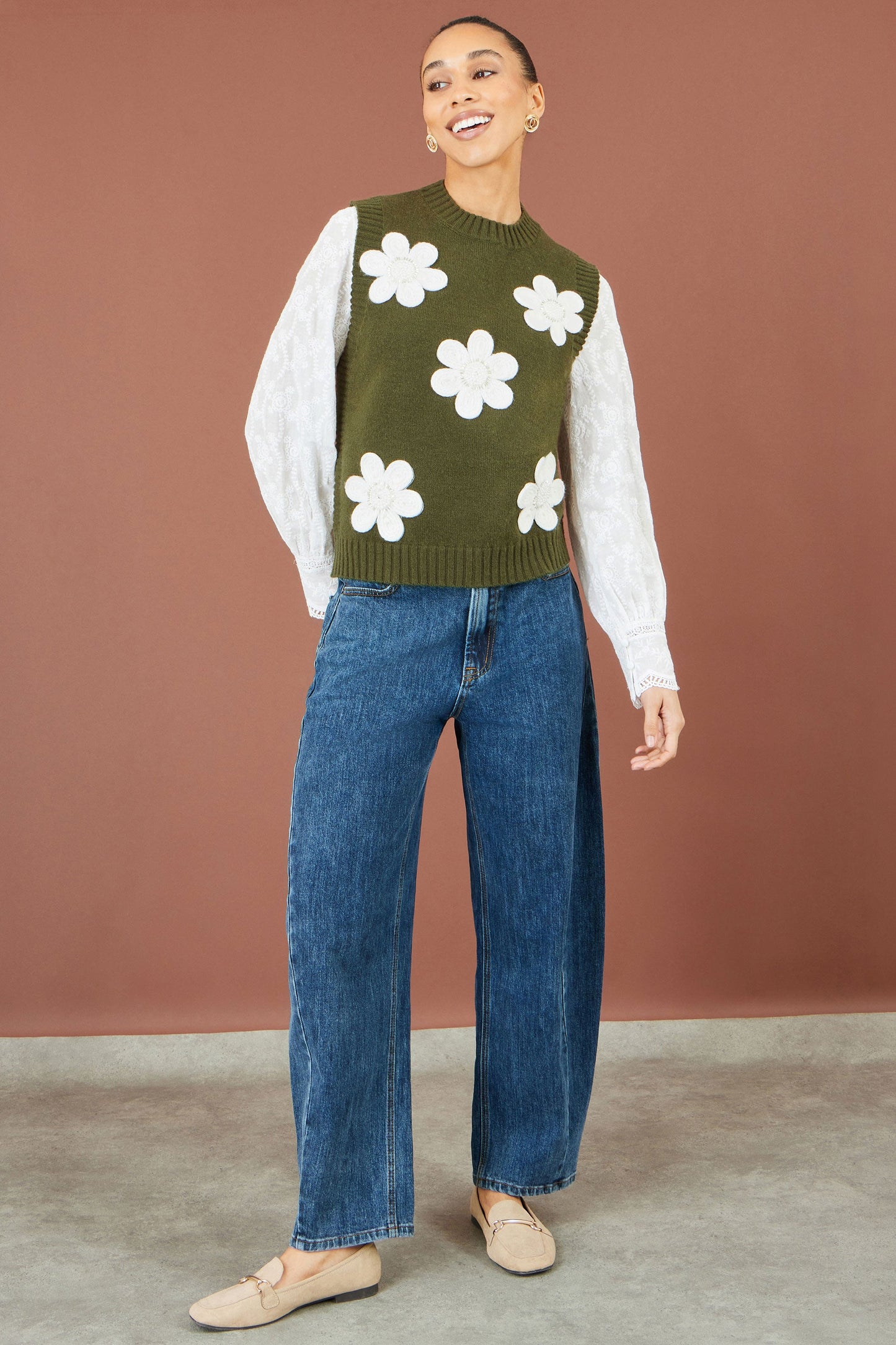 Yumi Women's Green Flower Appliqué Beaded Knit Tank Vest Sizes S–L