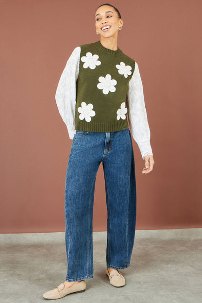 Yumi Women's Green Flower Appliqué Beaded Knit Tank Vest Sizes S–L