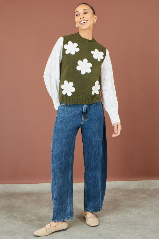 Yumi Women's Green Flower Appliqué Beaded Knit Tank Vest Sizes S–L