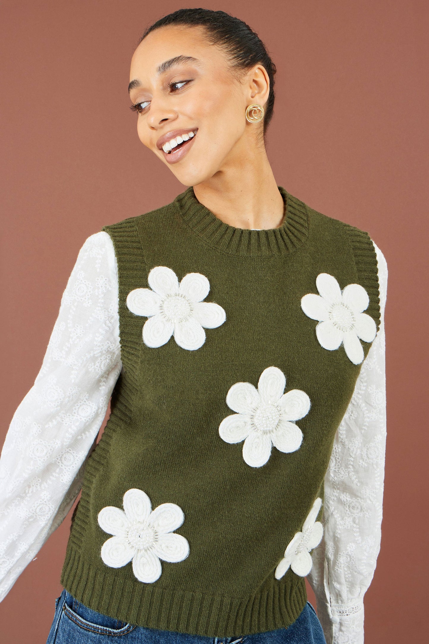 Yumi Women's Green Flower Appliqué Beaded Knit Tank Vest Sizes S–L