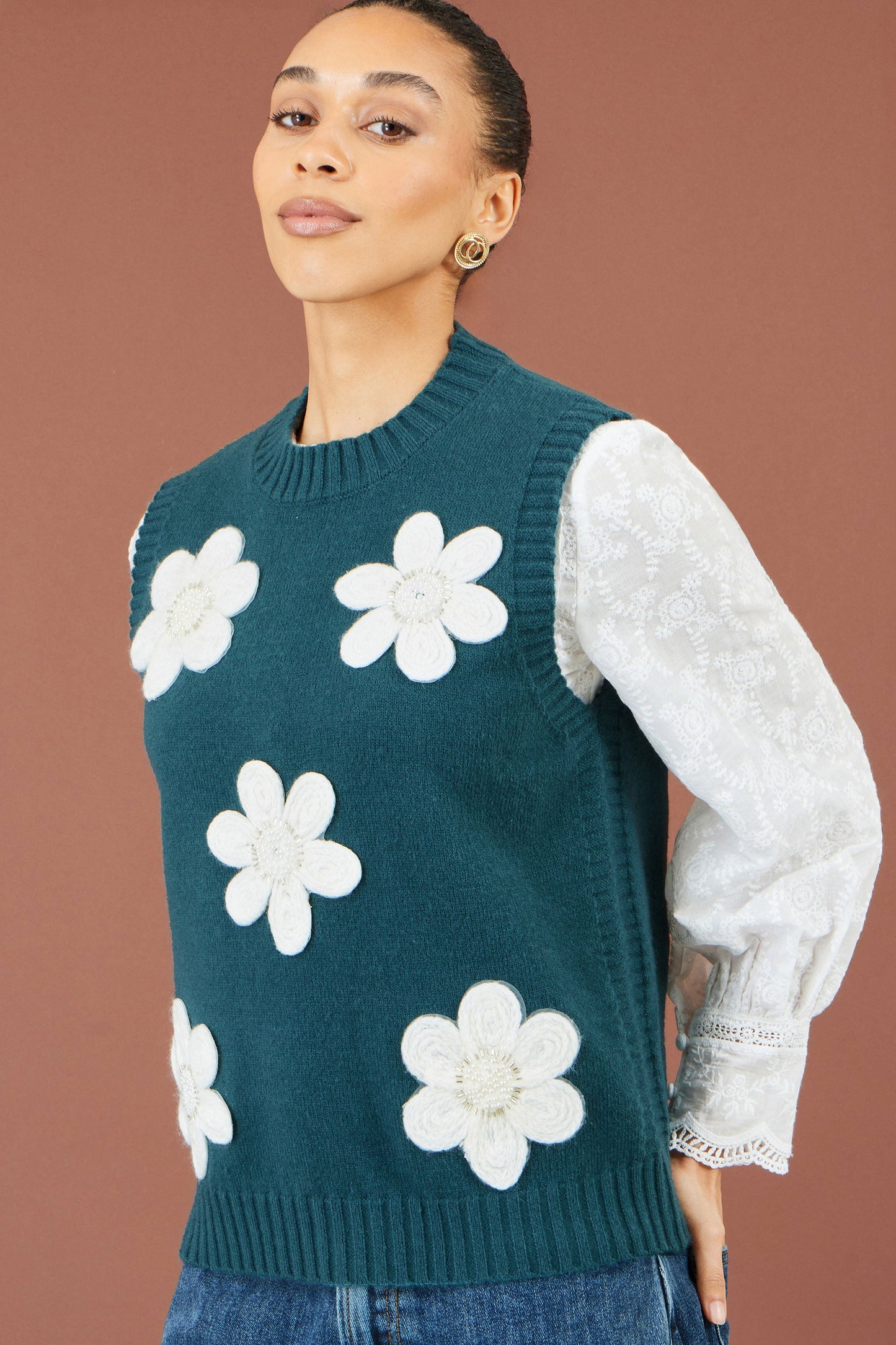 Yumi Women's Teal Flower Appliqué Beaded Knit Tank Top