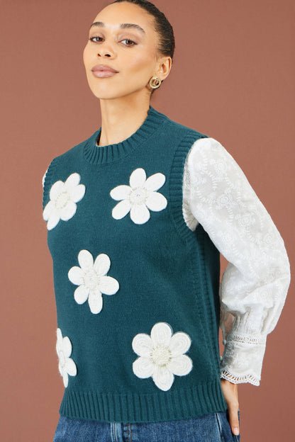 Yumi Women's Teal Flower Appliqué Beaded Knit Tank Top