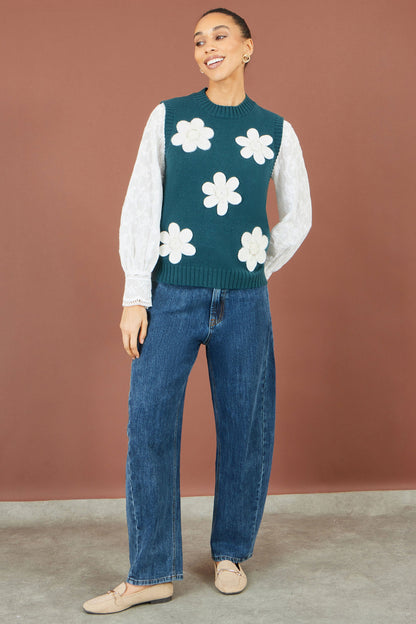 Yumi Women's Teal Flower Appliqué Beaded Knit Tank Top