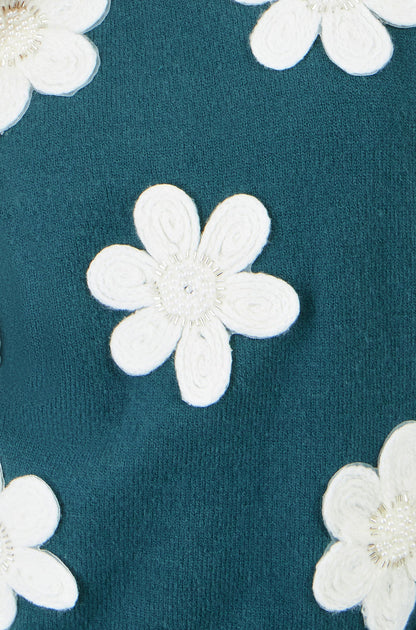 Yumi Women's Teal Flower Appliqué Beaded Knit Tank Top