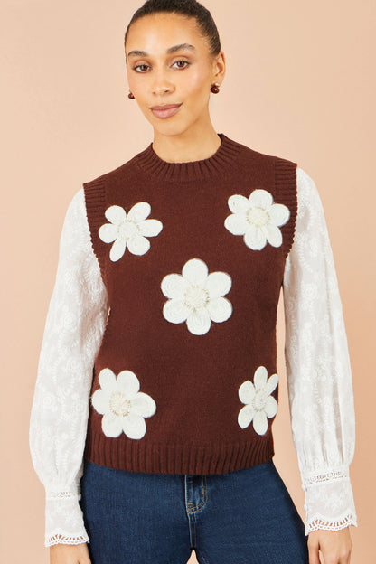 Yumi Women's Brown Flower Appliqué Beaded Knit Tank Top