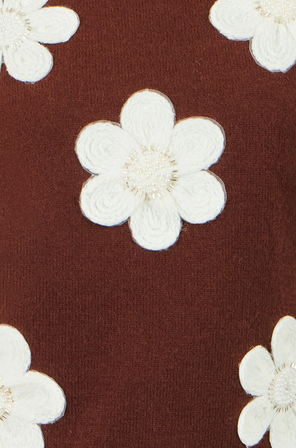 Yumi Women's Brown Flower Appliqué Beaded Knit Tank Top