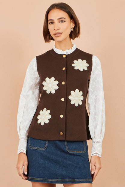 Yumi Women's Brown Floral Appliqué Gold Button Knit Waistcoat