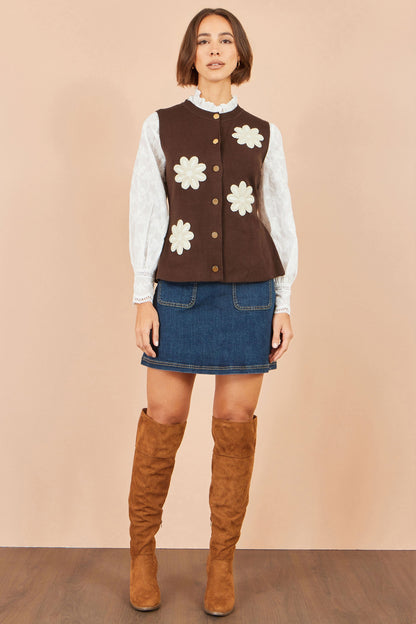 Yumi Women's Brown Floral Appliqué Gold Button Knit Waistcoat