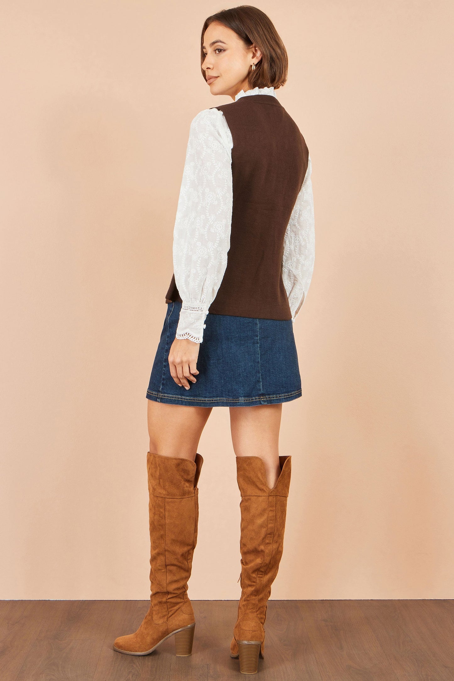 Yumi Women's Brown Floral Appliqué Gold Button Knit Waistcoat