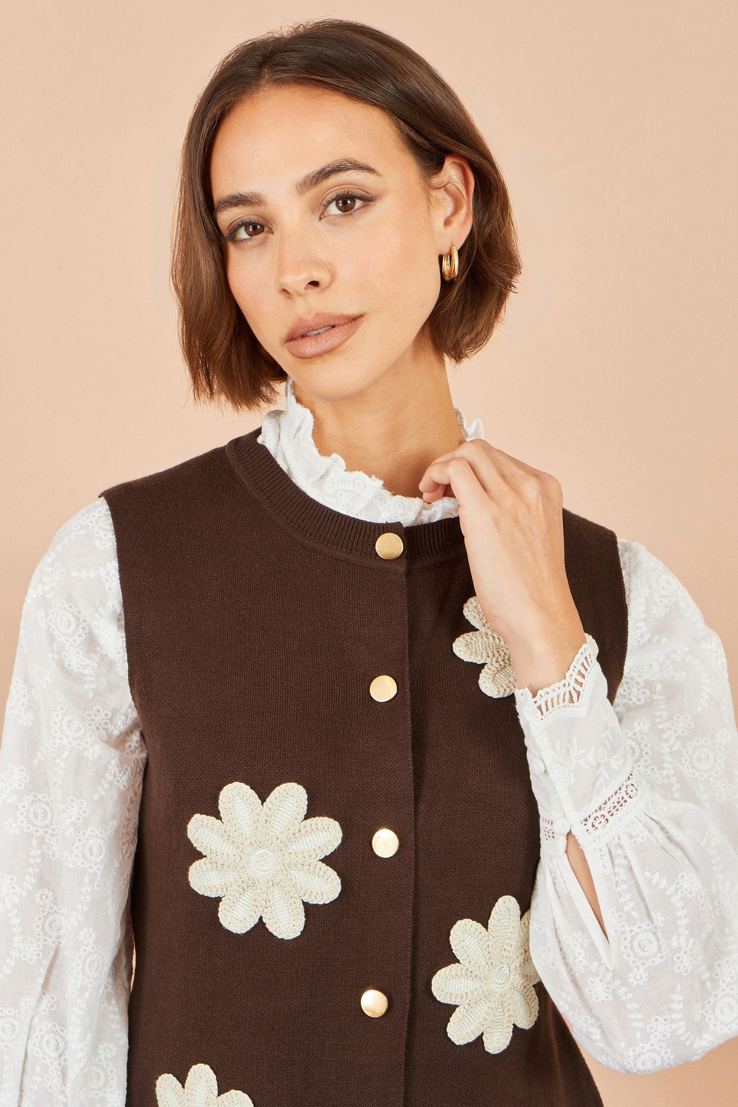 Yumi Women's Brown Floral Appliqué Gold Button Knit Waistcoat