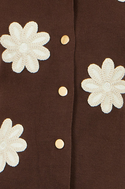 Yumi Women's Brown Floral Appliqué Gold Button Knit Waistcoat
