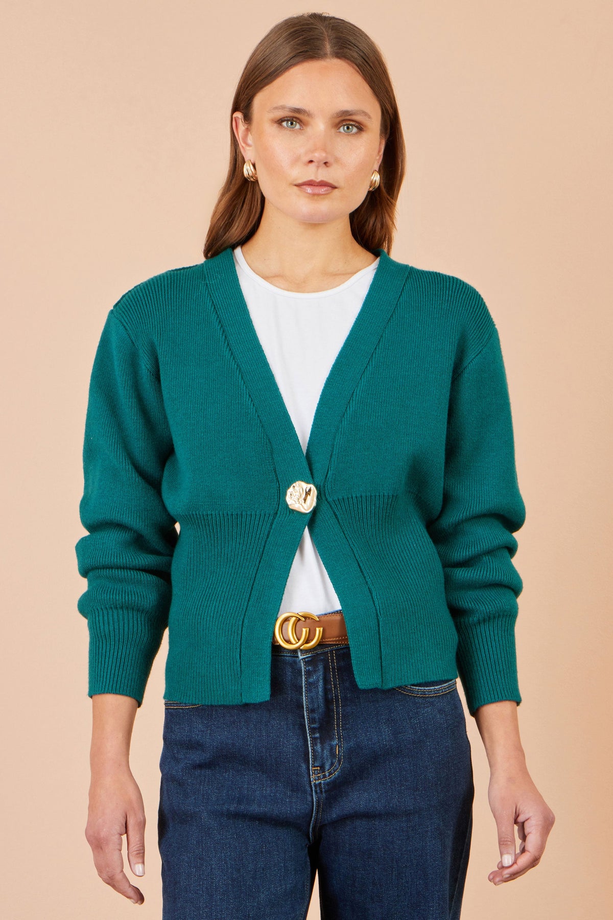 Yumi Women's Teal Knitted Button Cardigan with Statement Button, V-Neck