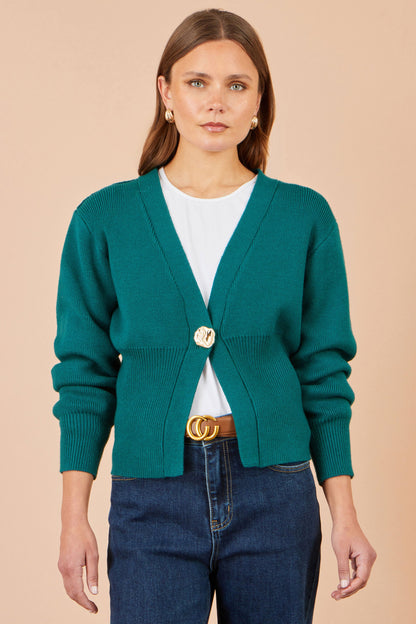Yumi Women's Teal Knitted Button Cardigan with Statement Button, V-Neck
