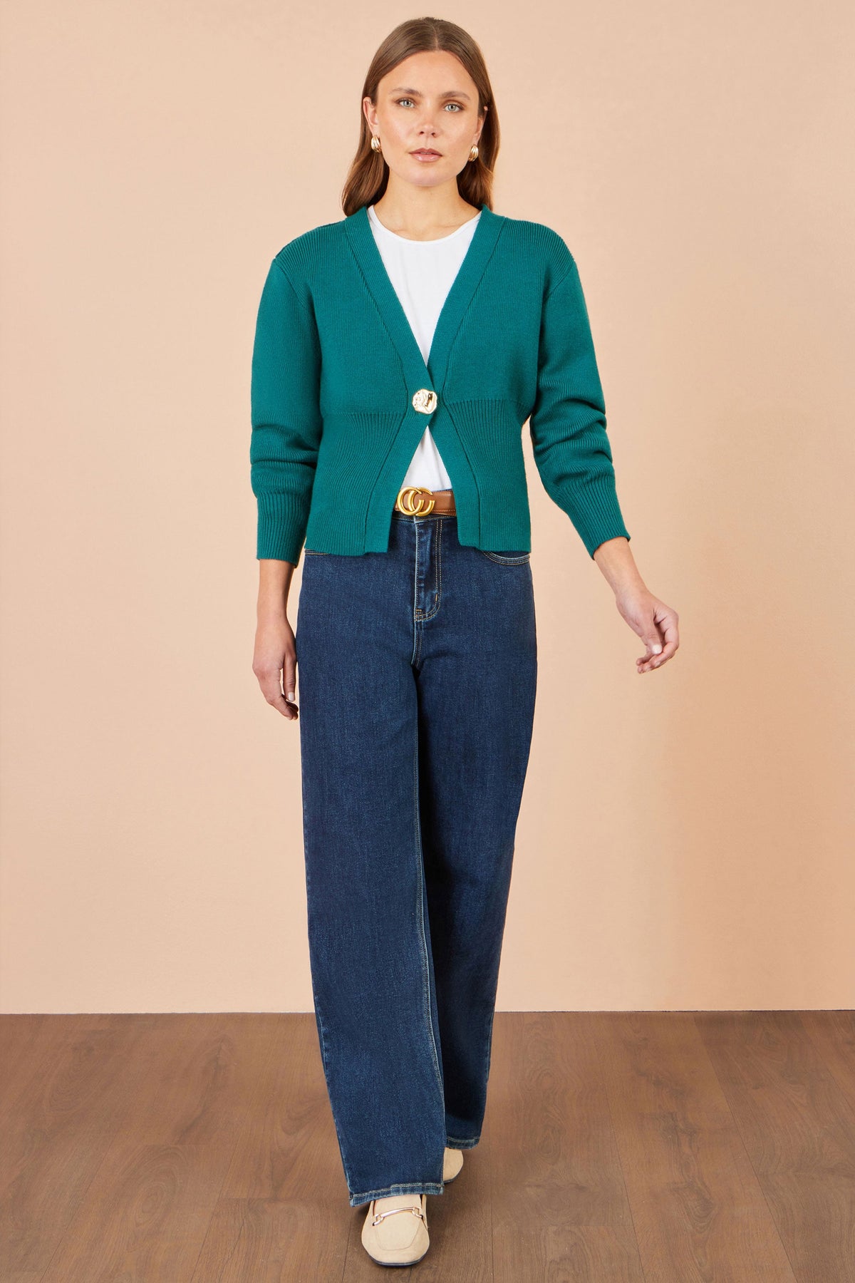 Yumi Women's Teal Knitted Button Cardigan with Statement Button, V-Neck