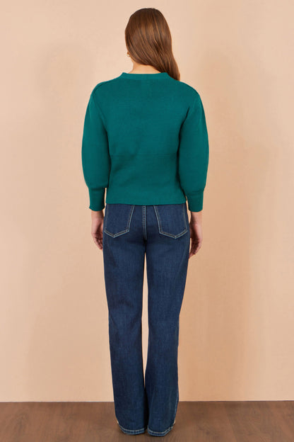 Yumi Women's Teal Knitted Button Cardigan with Statement Button, V-Neck