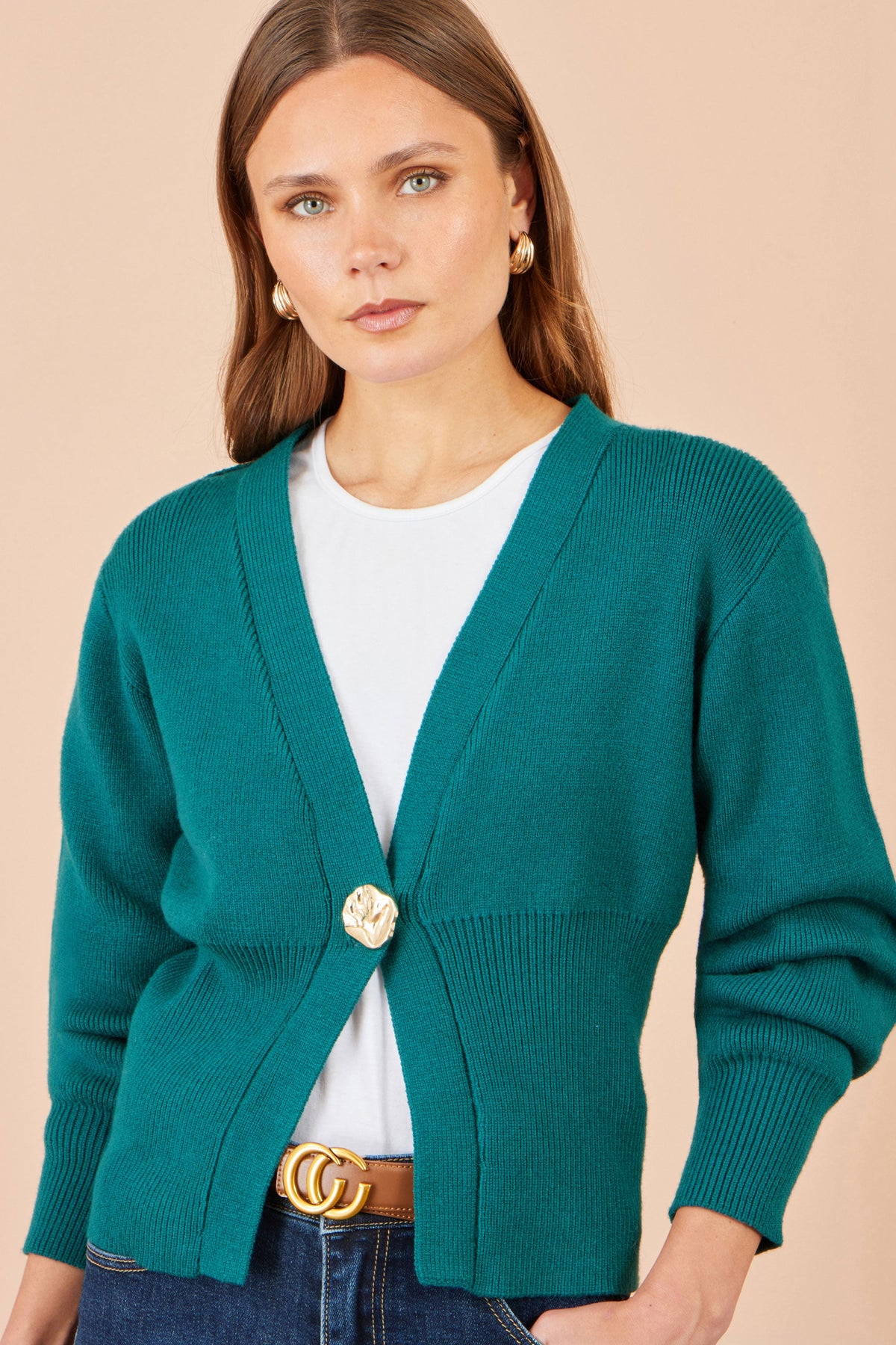 Yumi Women's Teal Knitted Button Cardigan with Statement Button, V-Neck