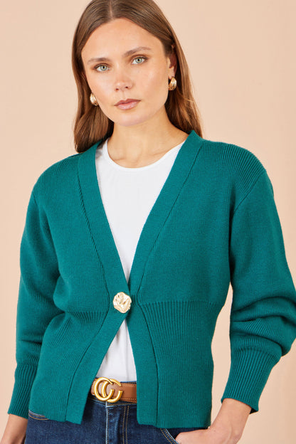 Yumi Women's Teal Knitted Button Cardigan with Statement Button, V-Neck