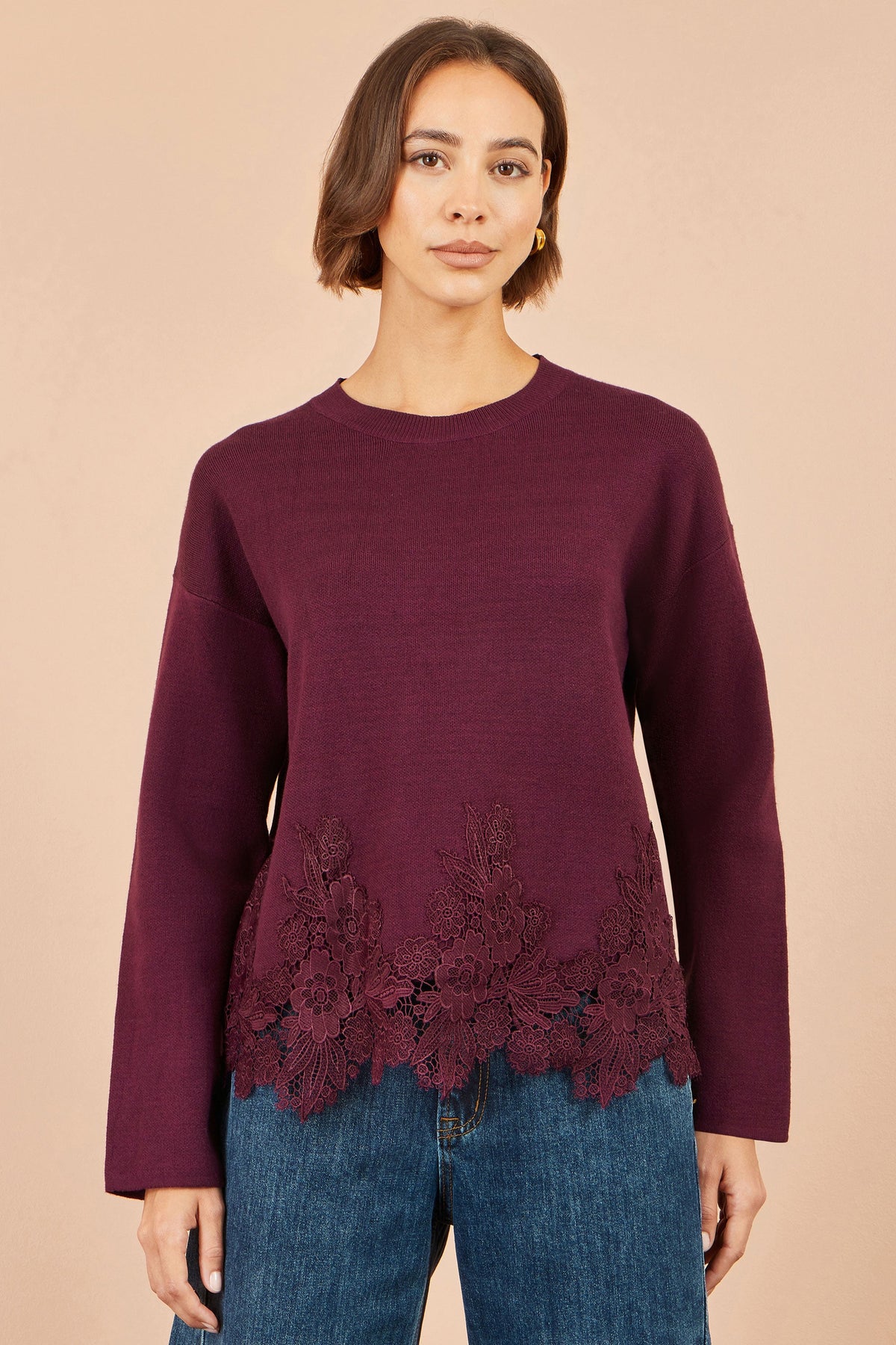 Yumi Women's Burgundy Viscose Relaxed Jumper with Floral Lace Hem Detail